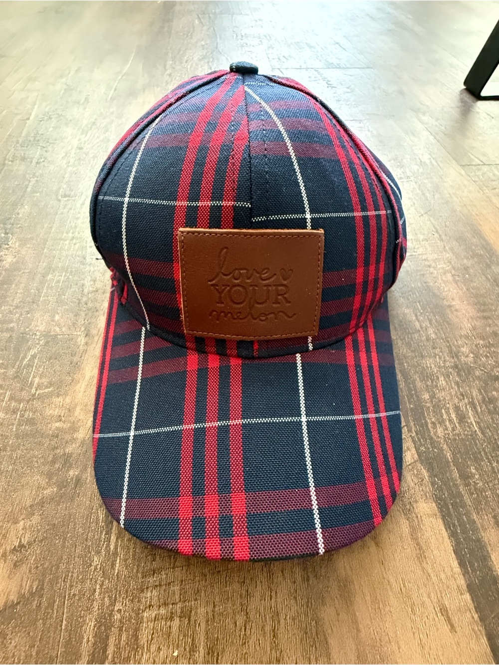 Love your Melon - Plaid Baseball Cap with Leather Patch - Navy & Red